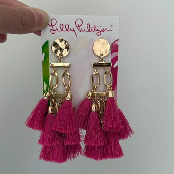 Lilly Pulitzer Jewelry - Lilly Pulitzer Boho Safari Pink Palms Tassel Gold Earrings
